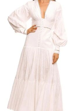 BCBG White Long Sleeve V-Neck Maxi Dress